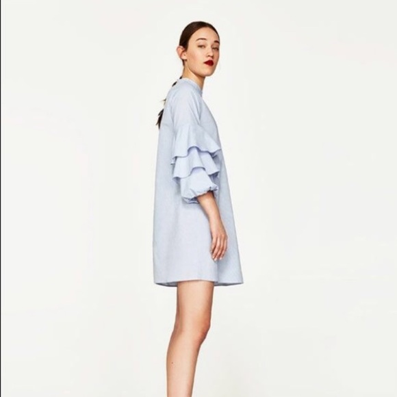 Zara ruffle sleeve high neck dress chambray - Picture 2 of 8